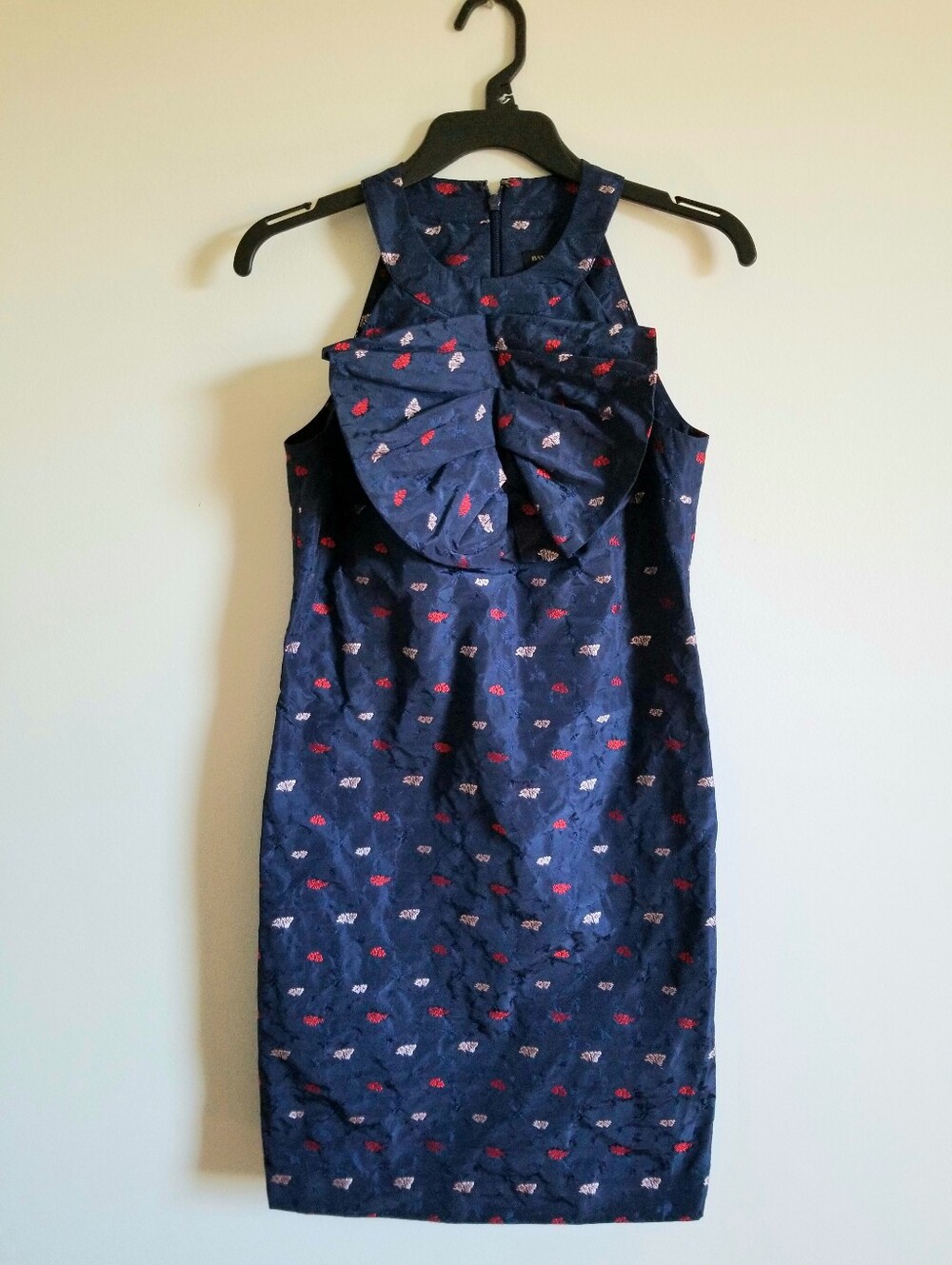 Banana Republic Navy Sleeveless Midi Dress with Front Bow and Floral Accent Sz 0